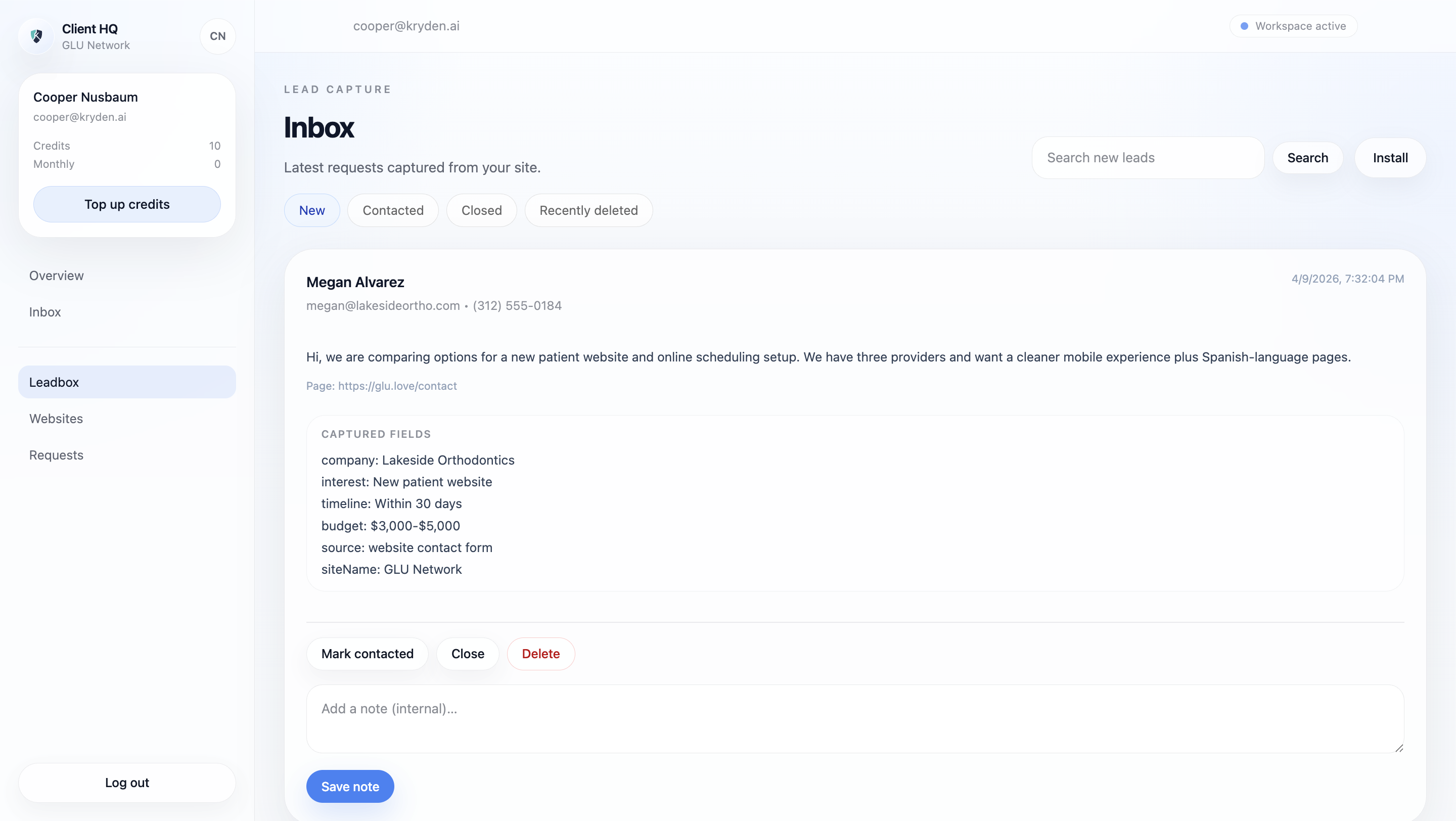 Leadbox interface inside Client HQ showing captured leads, lead details, and follow-up controls.