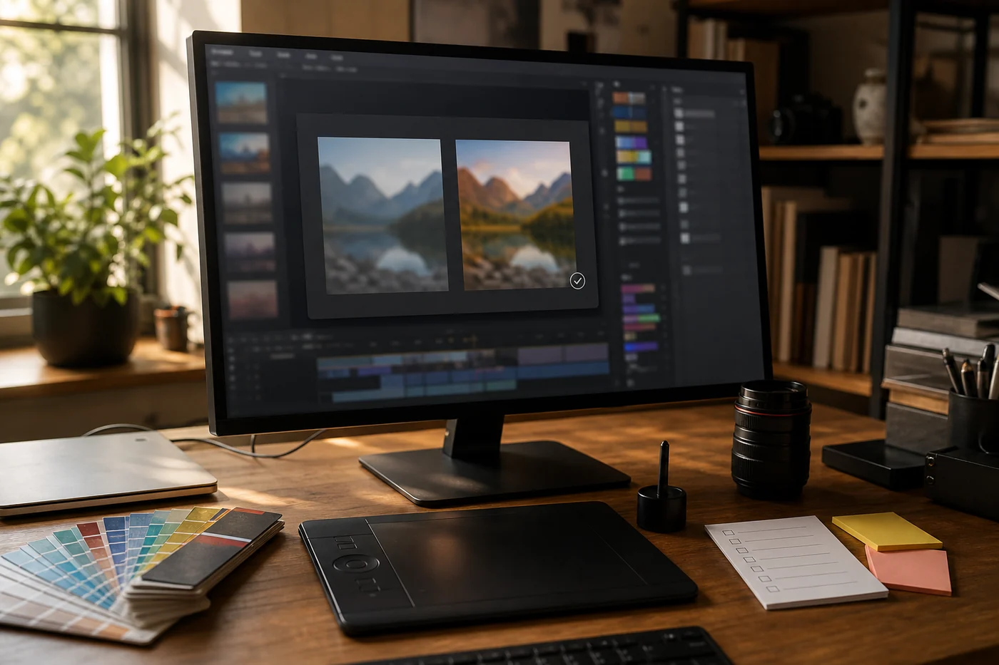 A realistic creative desk with a monitor showing blurred before-and-after image blocks, a video timeline, color swatches, a graphics tablet, and a paper checklist.