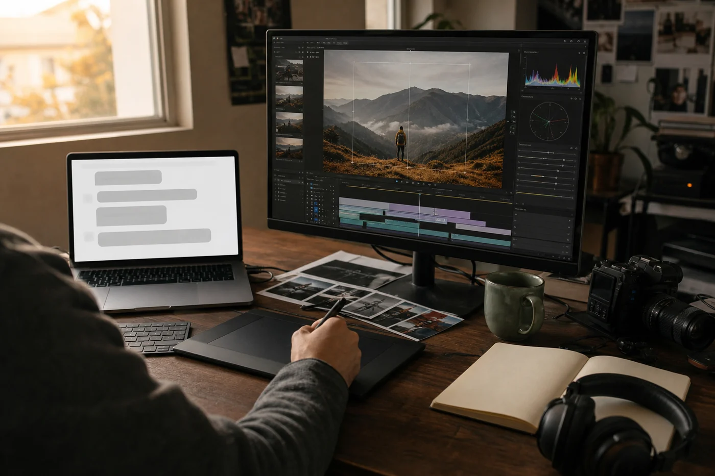 A creator moves between a generic chat on a laptop and a detailed photo and video editing workspace on a larger monitor.