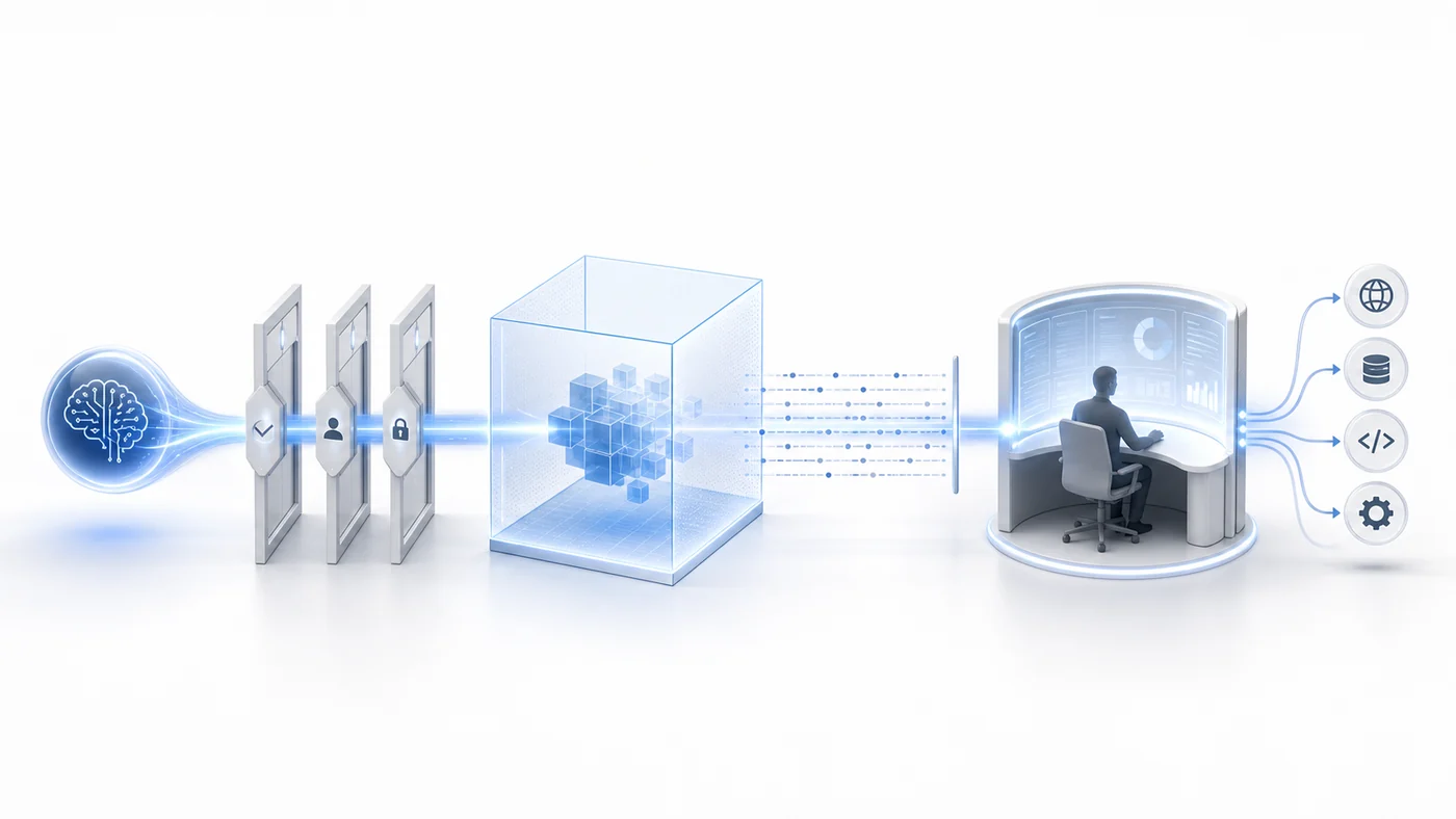 Schematic illustration of an AI agent action passing through permission gates, a sandbox, audit logs, and human review before reaching external tools