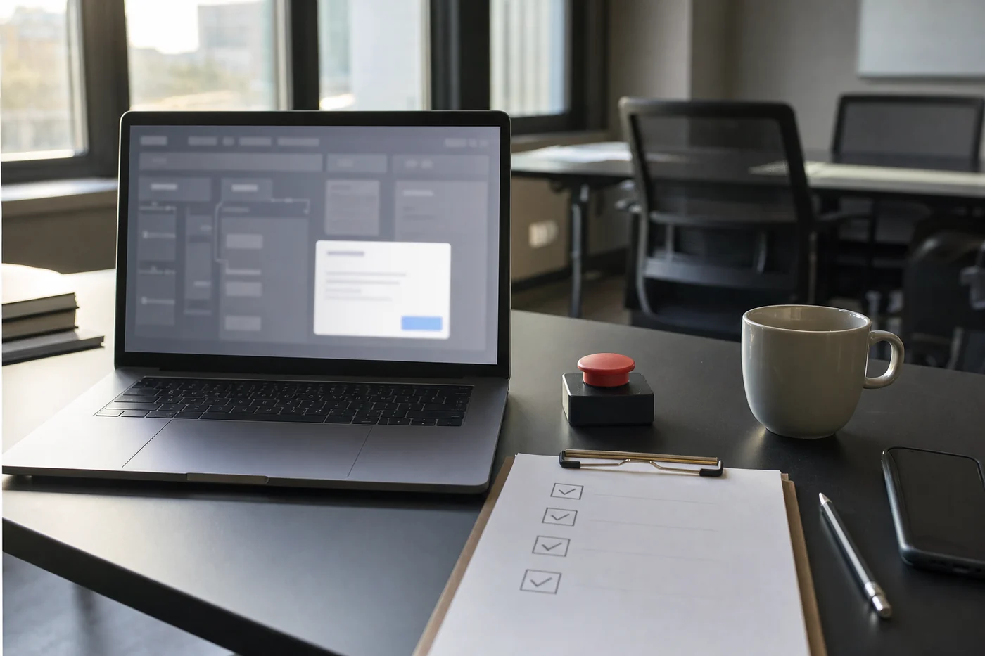 A realistic office desk with a laptop showing a blurred automation dashboard, an unlabelled red stop button, a checklist, coffee mug, pencil, and phone.