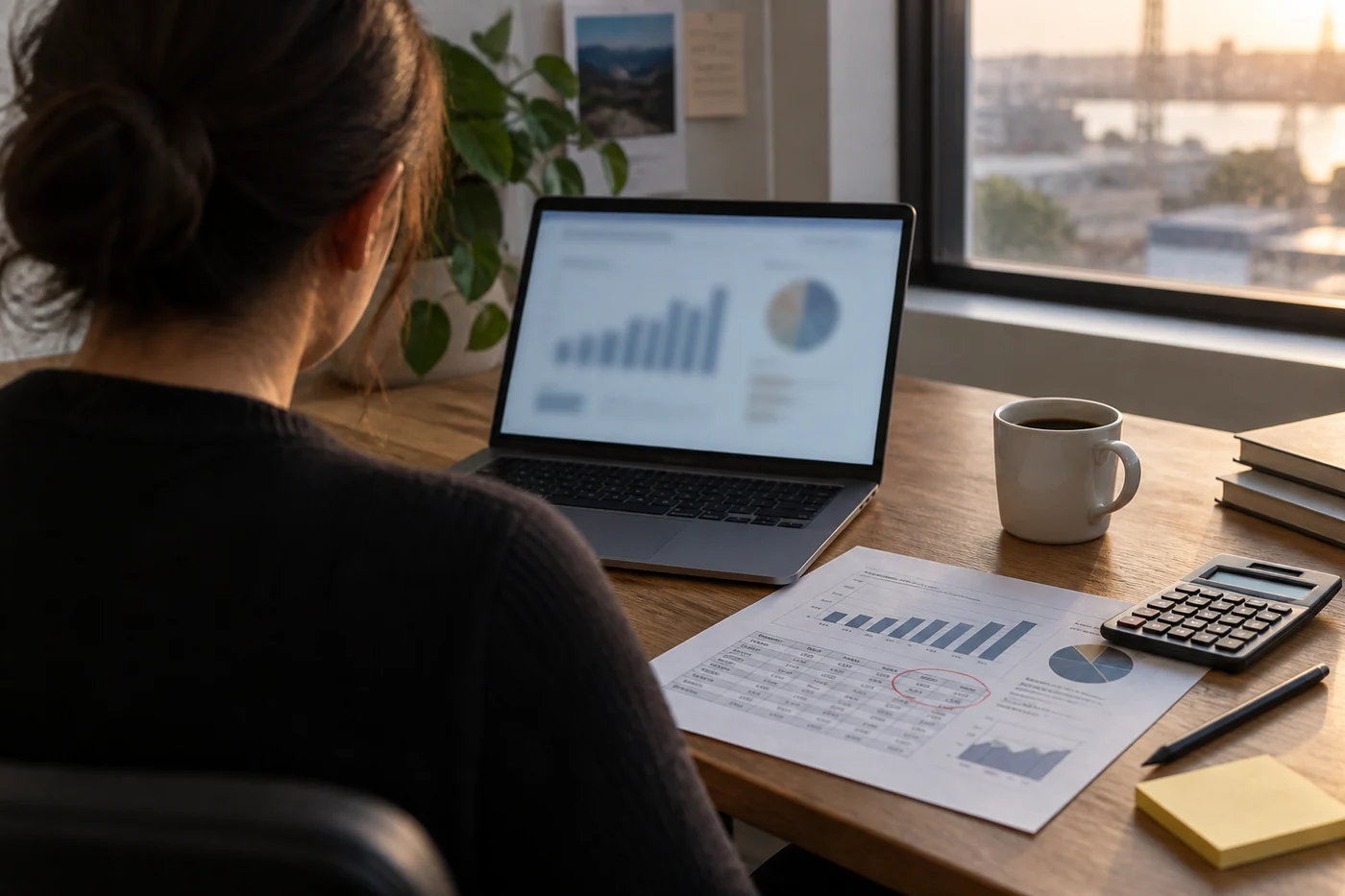 A person comparing a blurred laptop chart with a printed business report and calculator at a desk.