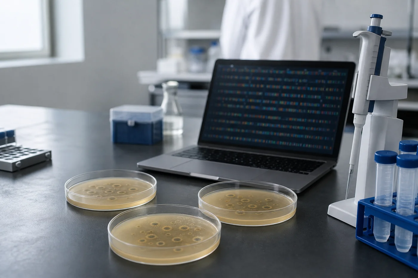 Three Petri dishes with circular plaque zones sit beside a laptop and pipette on a microbiology lab bench.