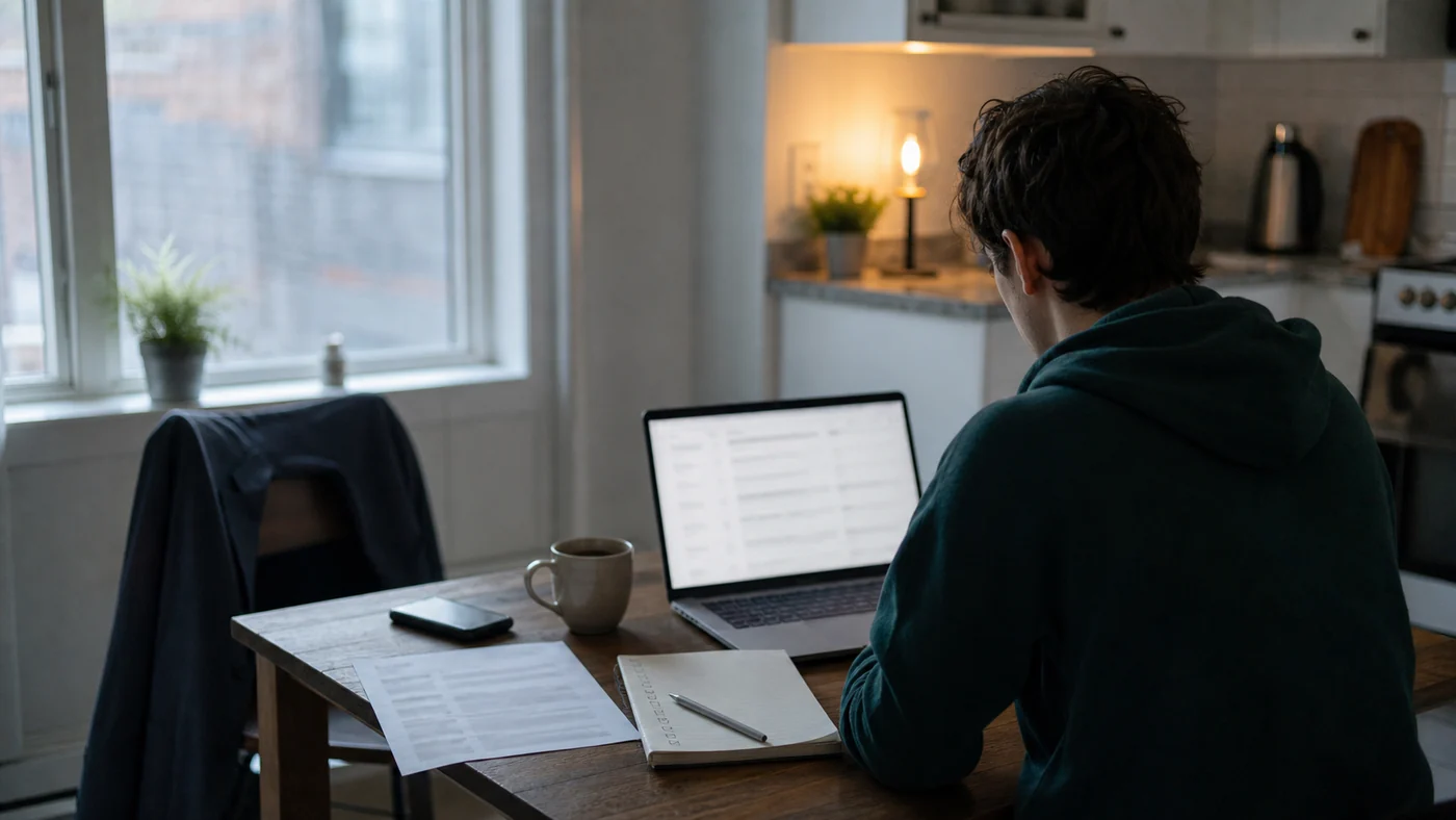A young job seeker sits at a kitchen table with a laptop, printed resume, notebook, coffee and an interview blazer on the empty chair.