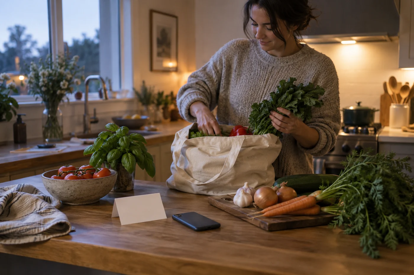 A person unpacking vegetables and herbs from a canvas grocery bag on a home kitchen counter at dusk.