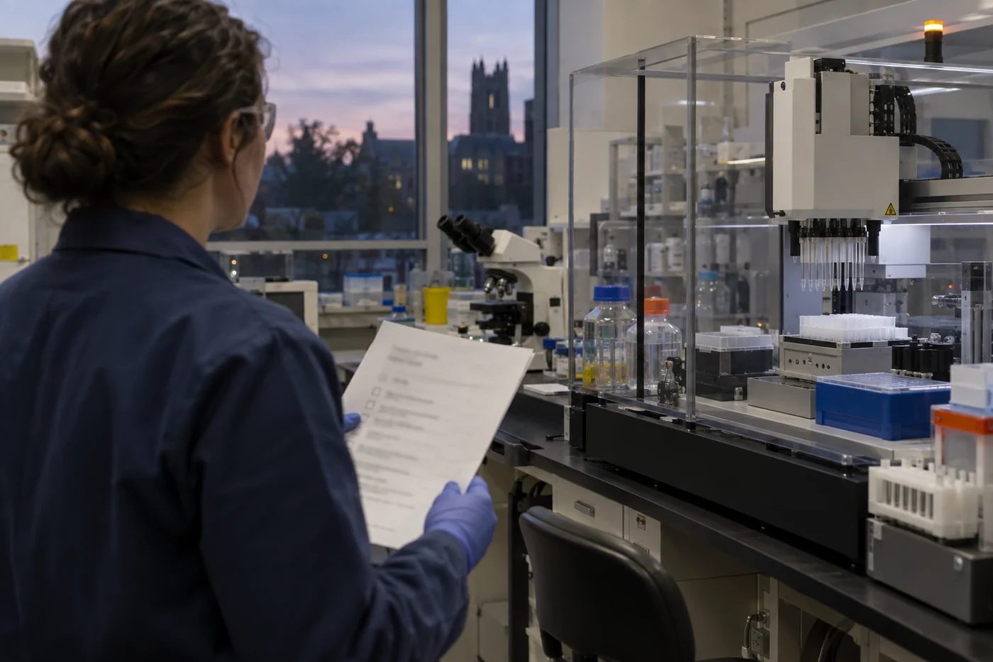 A lab technician checks a printed run sheet beside a liquid-handling robot and microscope.
