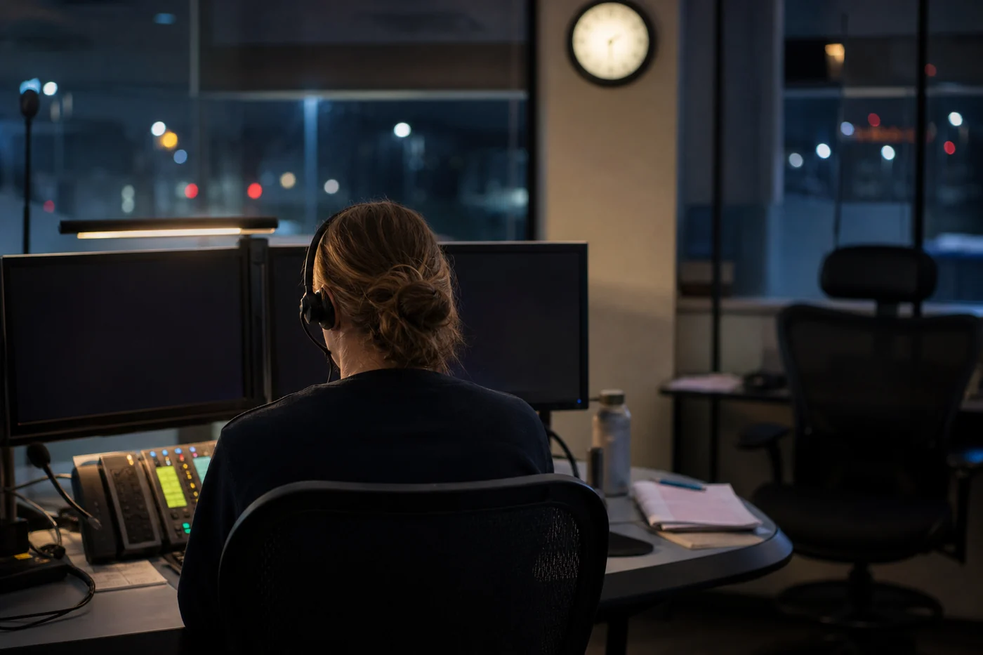A public-safety telecommunicator wearing a headset at a call-center desk in the evening, seen from behind.