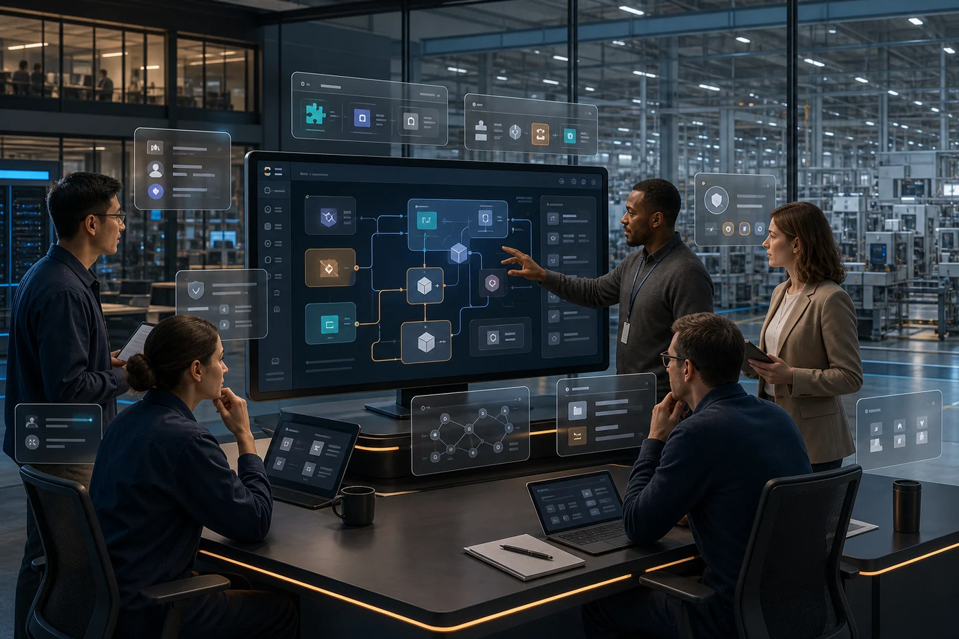 Employees from different roles gather around an agent workbench that assembles internal tools inside a large office and manufacturing space.