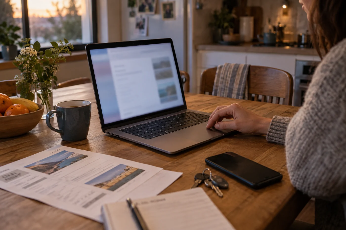 A person pauses over a laptop at a kitchen table beside travel papers, keys, and a phone before sending an online request.