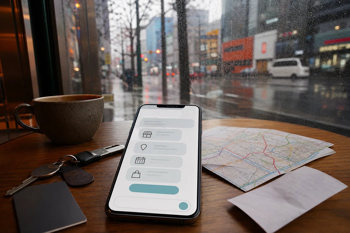 A realistic cafe table in Seoul with a smartphone showing a generic conversational search interface beside keys, coffee, a folded map, and a rainy street outside.