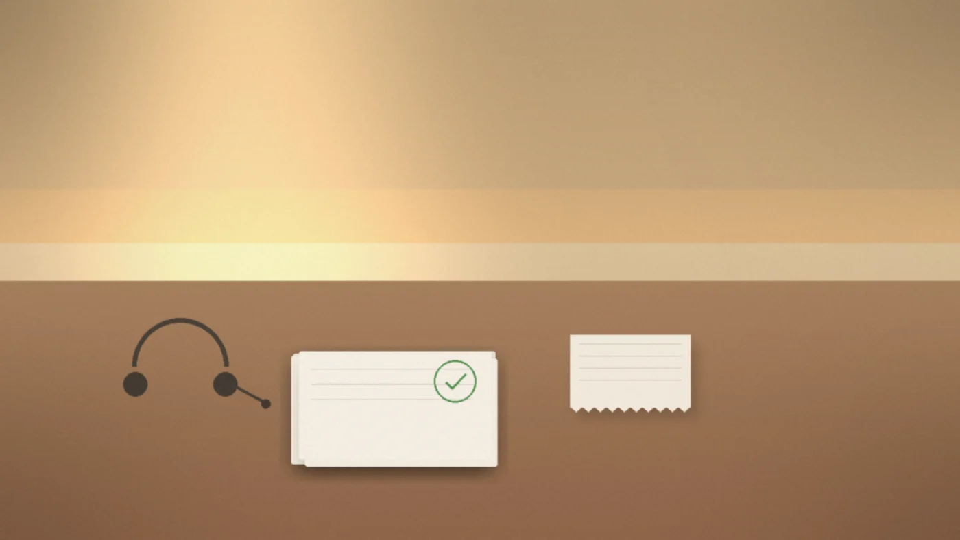 A worn customer service desk with a headset, a stack of paper support tickets, and a green checkmark stamp on the top ticket