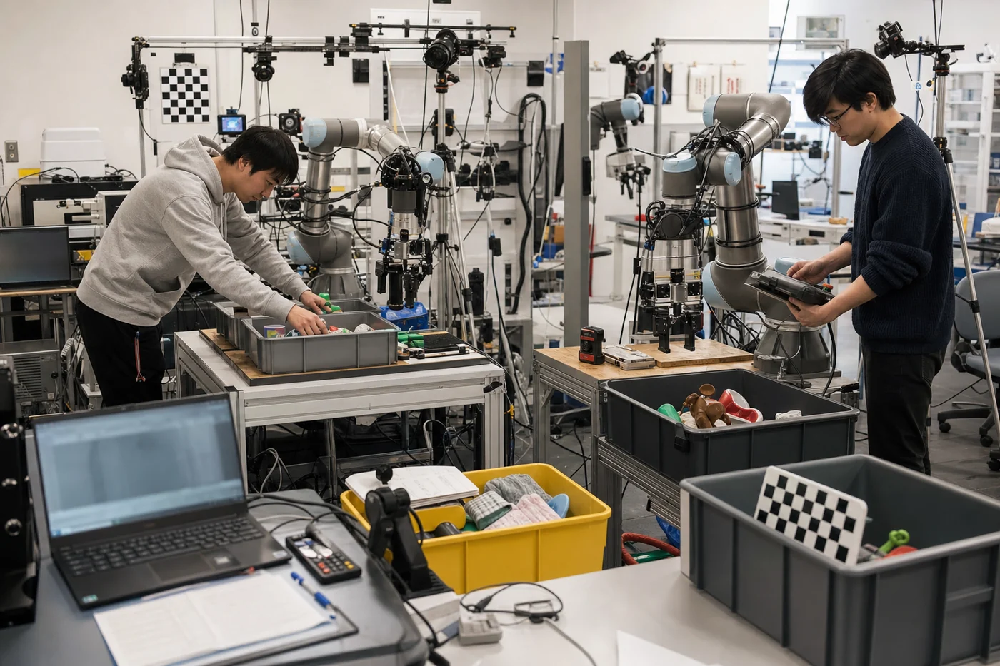 A realistic robotics data lab with robot arms, camera rigs, calibration markers, object bins, and technicians resetting a training trial.