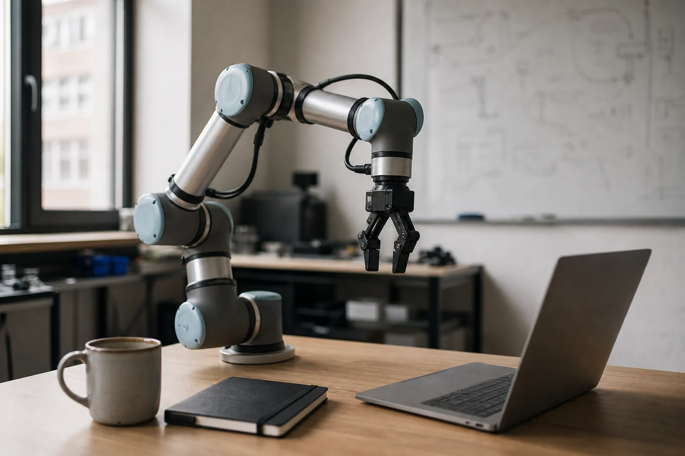 A realistic robotics lab desk with a small robot arm paused near a coffee mug, laptop, and notebook, as if deciding which objects matter before moving.