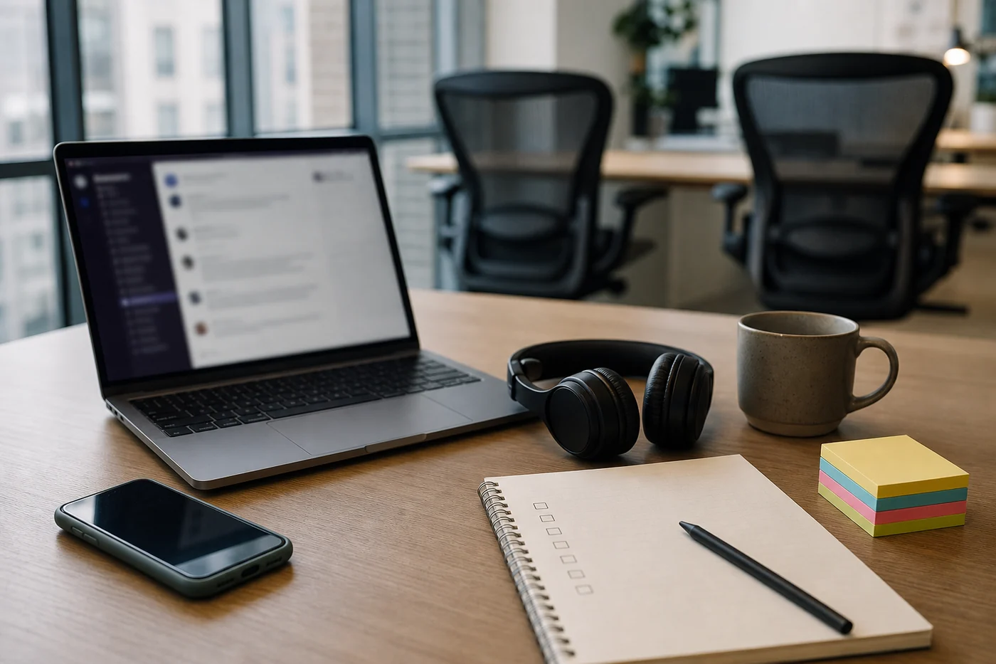 A realistic quiet office desk with a laptop showing a blurred team chat, a muted phone, headphones, notebook, coffee mug, sticky notes, and empty chairs in the background.